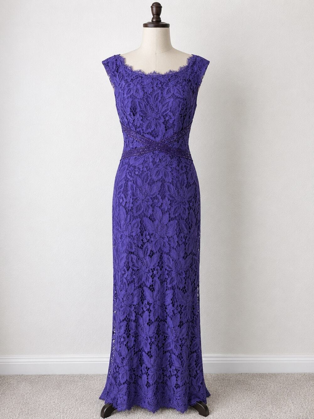 Adrianna Papell Size 2 Purple Lace Beaded Waist Formal Evening Maxi Gown
